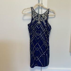 Blue Beaded Parker Silk Mini Dress